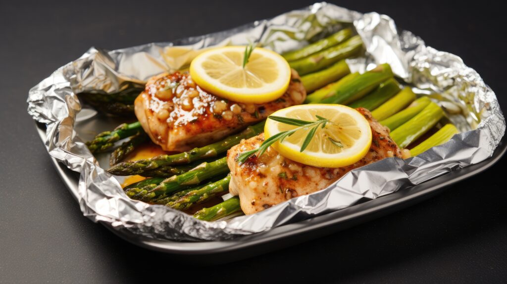 Salmon with asparagus on tin foil